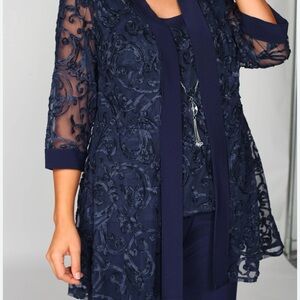 R & M Richards Navy Embroidered Sheer Jacket with Attached Shell 16W